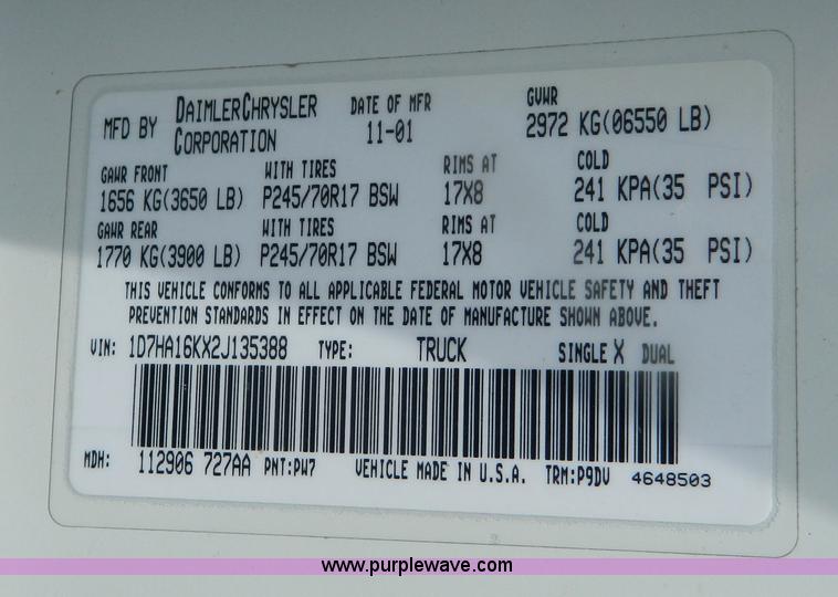 image for item B3757 2002 Dodge Ram 1500 pickup truck