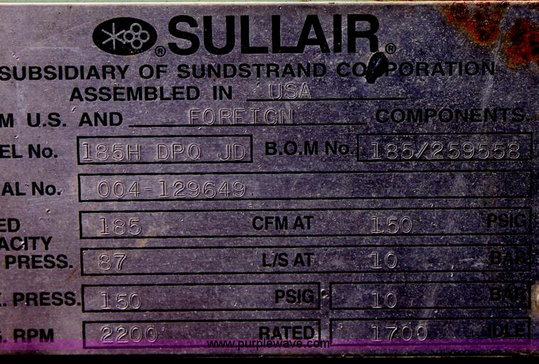 image for item D5184 1999 Sullair 185H air compressor