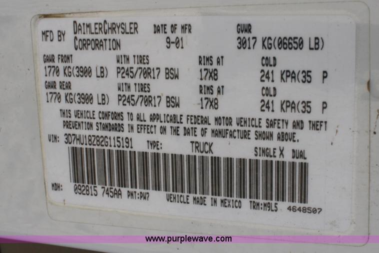 image for item B6664 2002 Dodge Ram 1500 quad cab pickup truck