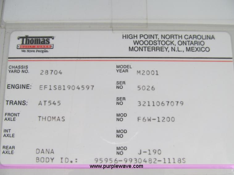 image for item A8370 2001 Thomas Built Saf-T-Liner school bus