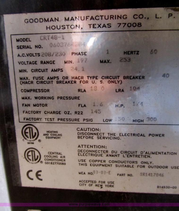 image for item K9323 Goodman 4 ton air conditioner unit