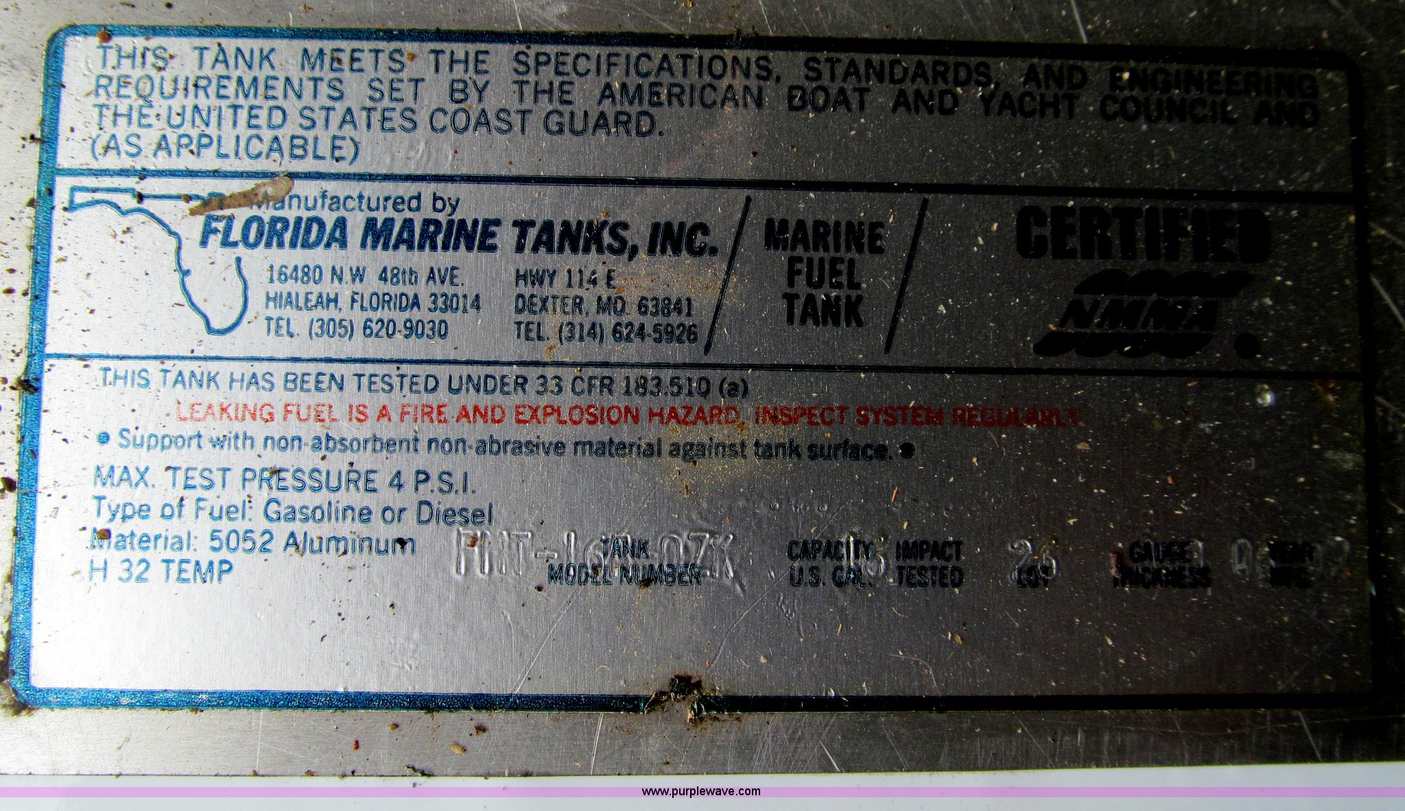 Florida Marine fuel tank in MO Item F4519 sold Purple Wave