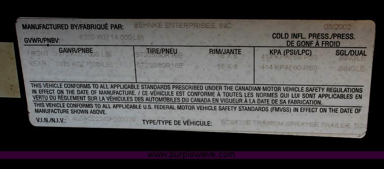 image for item C2663 2002 B & B 17' sprayer trailer