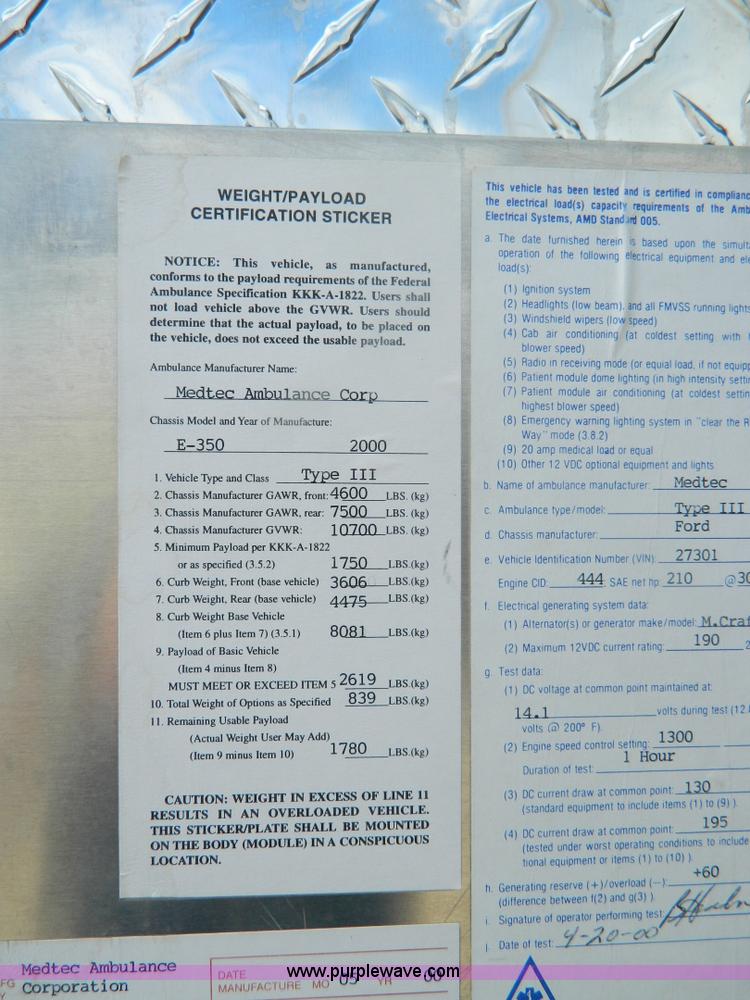 image for item B3832 2000 Ford E350 Medtec ambulance