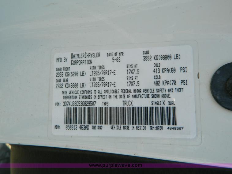 image for item B3837 2003 Dodge Ram 2500 Quad Cab pickup truck