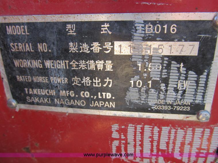 image for item B2872 2007 Takeuchi TB016 compact excavator
