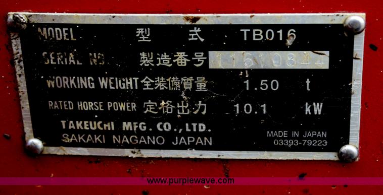 image for item B6900 2006 Takeuchi TB016 compact excavator