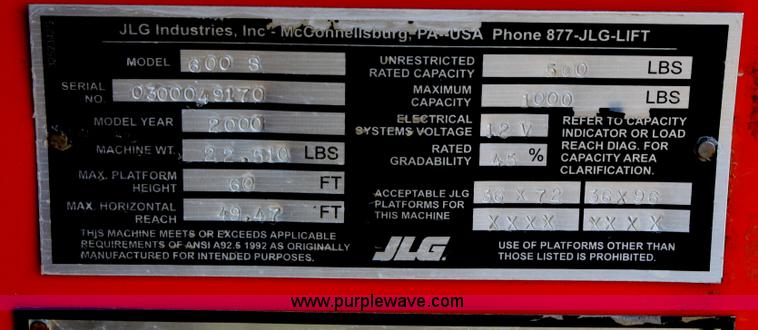 image for item B6962 2000 JLG 600S boom lift