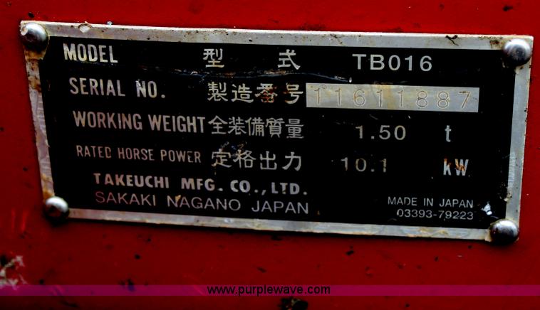 image for item B6970 2006 Takeuchi TB016 compact excavator