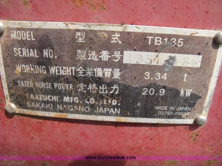 image for item B8067 2004 Takeuchi TB135 compact excavator