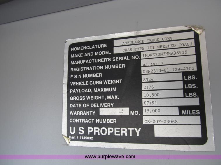 image for item B2884 1991 Ford E350 ambulance