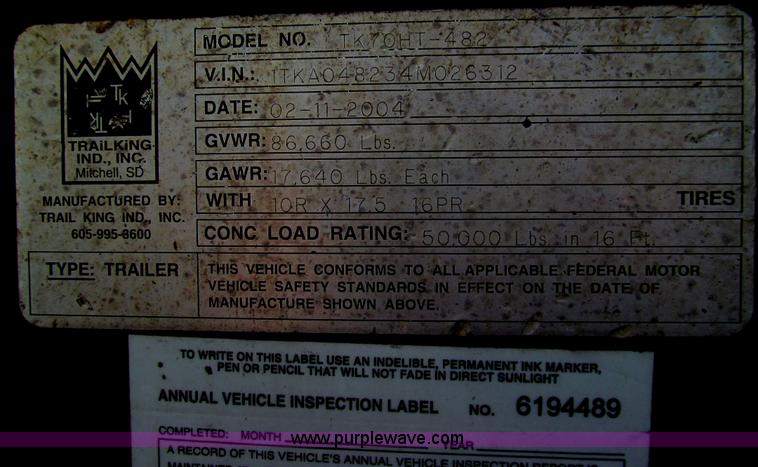 image for item E3530 2004 Trail King TK70HT-482 trailer