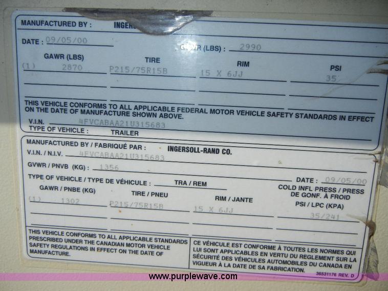 image for item F7506 2001 Ingersoll Rand 185 portable air compressor