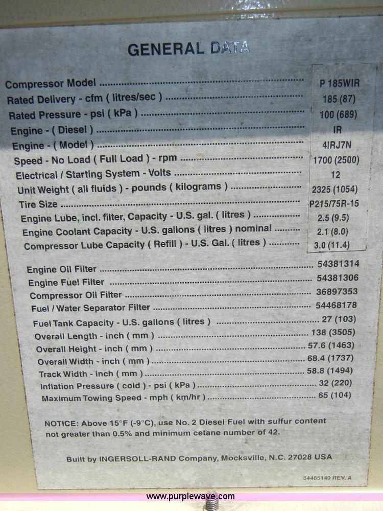 image for item F7506 2001 Ingersoll Rand 185 portable air compressor