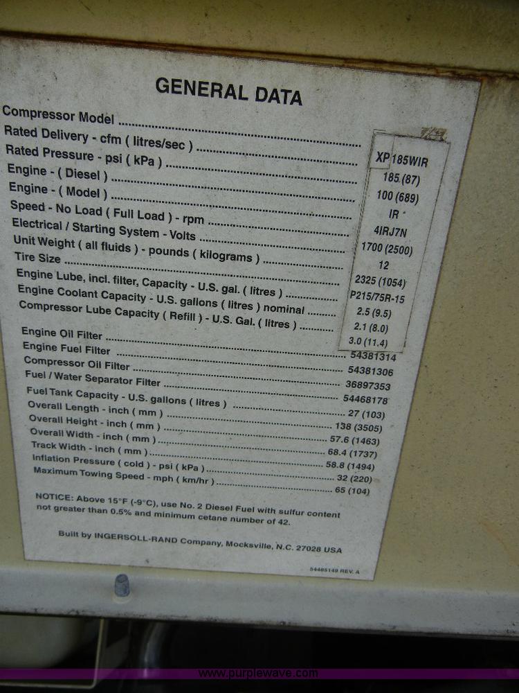 image for item F7507 2000 Ingersoll Rand 185 portable air compressor