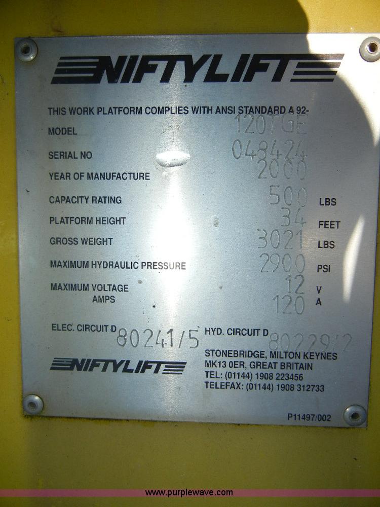 image for item F7509 2000 Nifty-Lift 120TGE towable boom lift