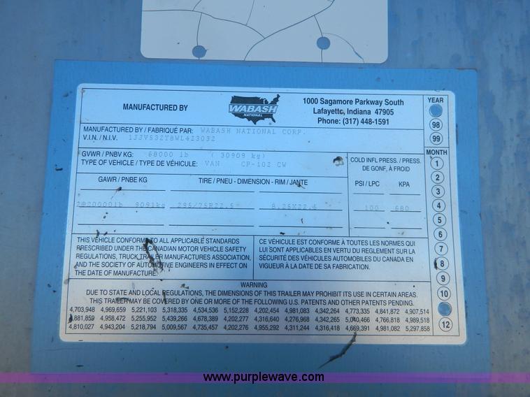 image for item G7548 1998 Wabash CP102CW dry van trailer