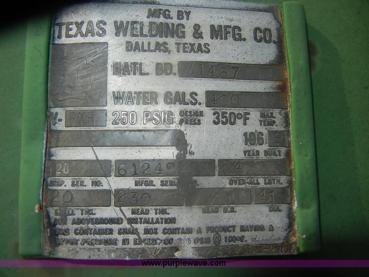 image for item D4874 Texas Welding 400 gallon propane tank