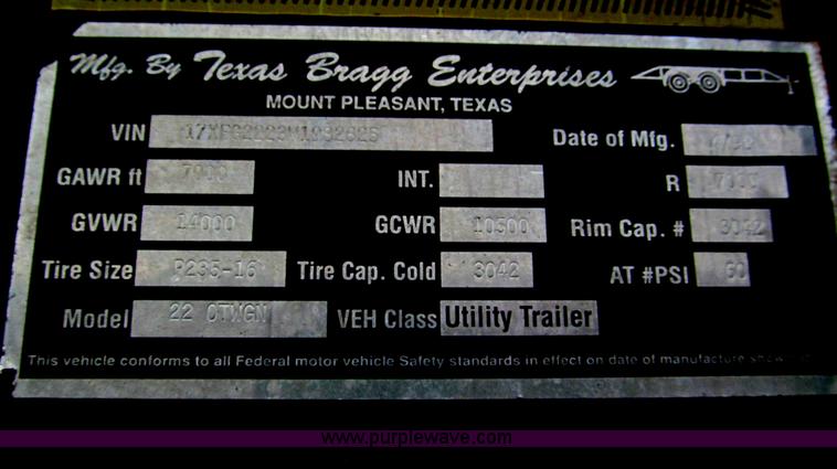 image for item E5634 1998 Texas-bragg 22' gooseneck trailer