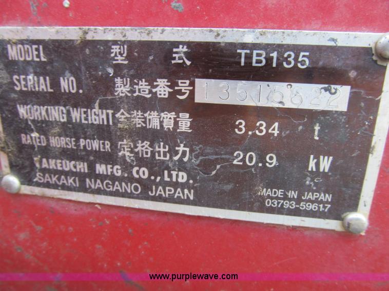 image for item D7004 2005 Takeuchi TB135 mini excavator