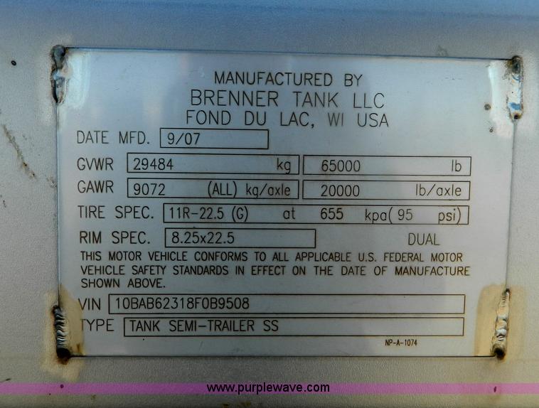 image for item E4197 2008 Brenner 2NC600010SS water tanker trailer