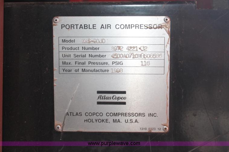image for item F6165 1998 Atlas Copco XAS 90 JD trailer mounted air compressor