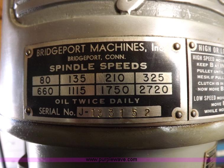 image for item J9047 Bridgeport 130321 vertical knee mill with power feed