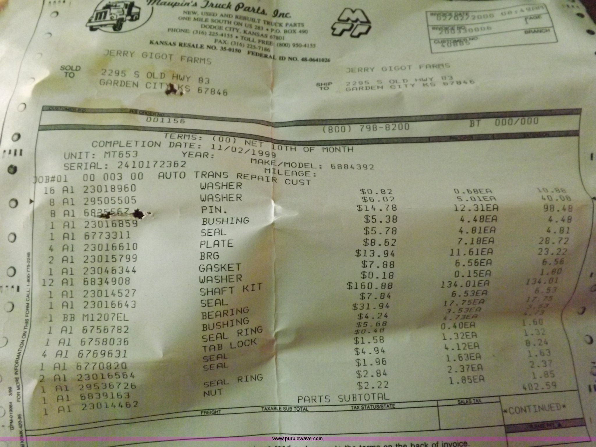 Truck transmission in Garden City, KS Item J9089 sold Purple Wave