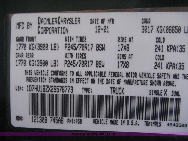 image for item B8235 2002 Dodge Ram 1500 SLT pickup truck