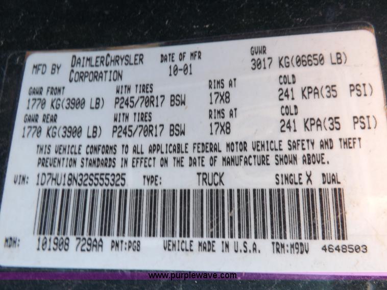 image for item F6310 2002 Dodge Ram 1500 SLT Quad Cab pickup truck