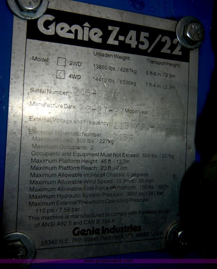 image for item D4654 1997 Genie Z-45/22 boom lift