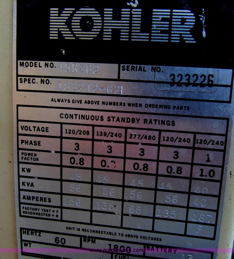 image for item E3603 Kohler 45RZ62 generator