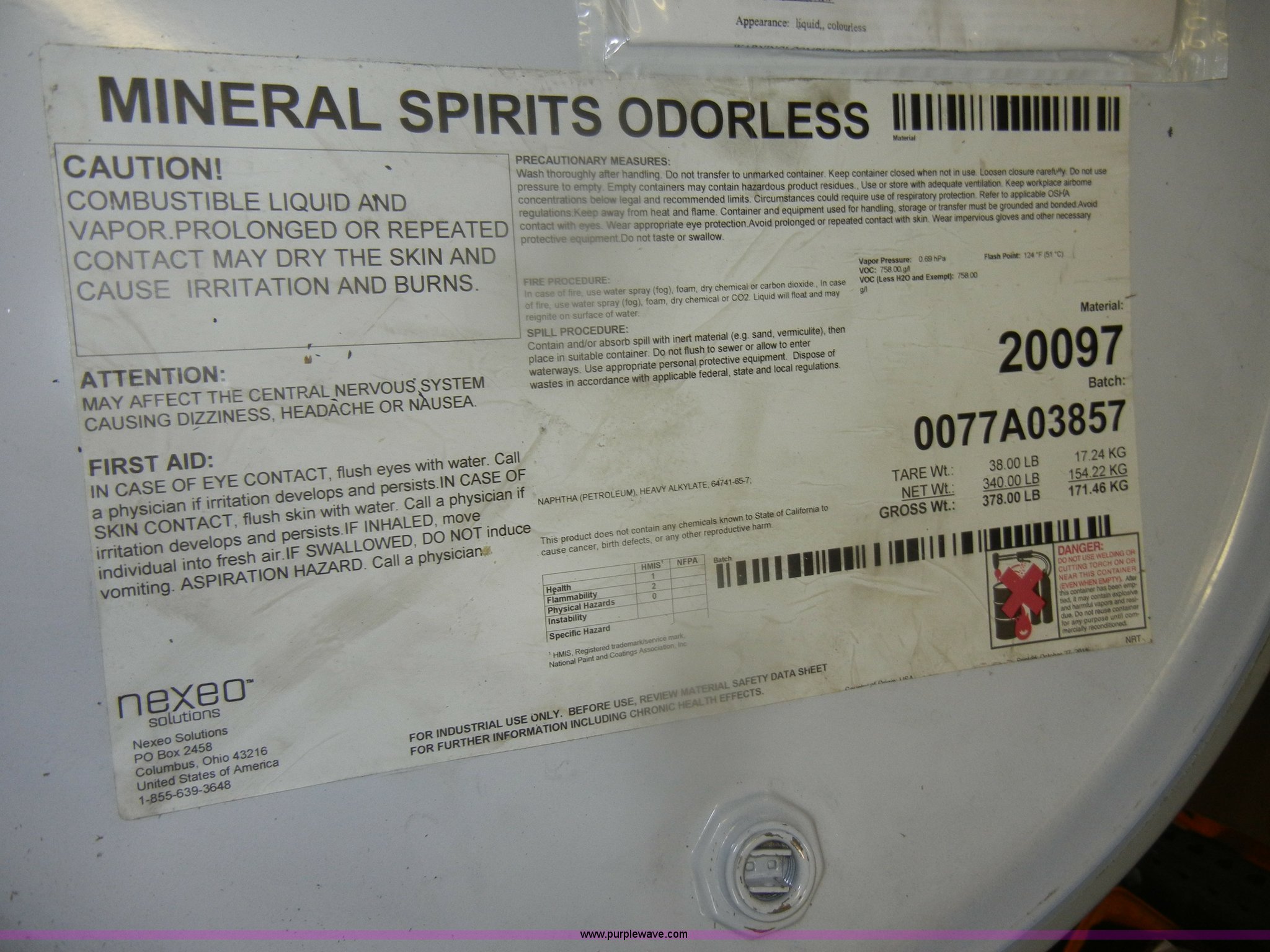 55 gallon drum of Ashland odorless mineral spirits in Olathe, KS Item AB9878 sold Purple Wave