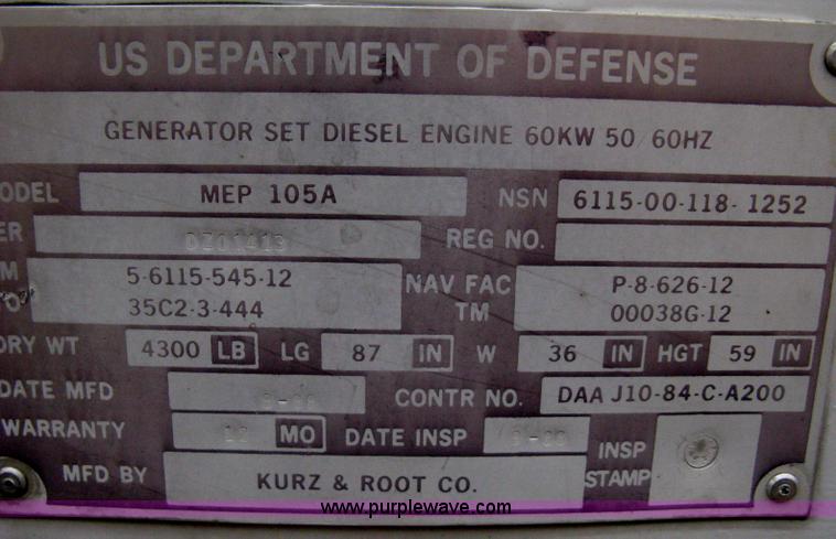 image for item E3066 Kurtz & Root Co. U.S. Department of Defense issued back up generator