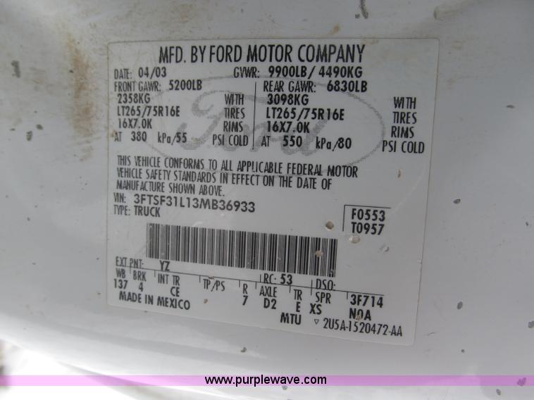 image for item B5343 2003 Ford F350 XL Super Duty pickup truck