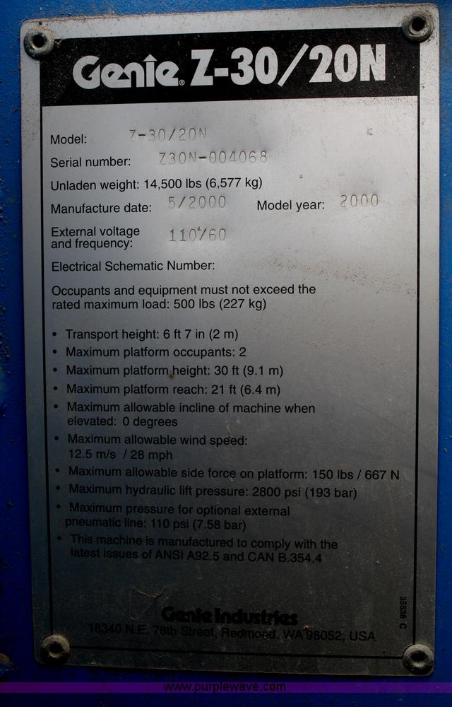 image for item F2816 2000 Genie Z-30/20N boom lift