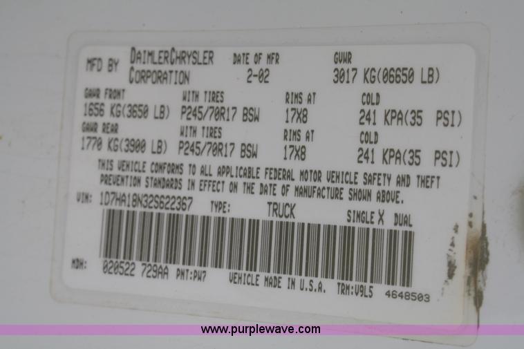 image for item F2927 2002 Dodge Ram 1500 ST Quad Cab pickup truck