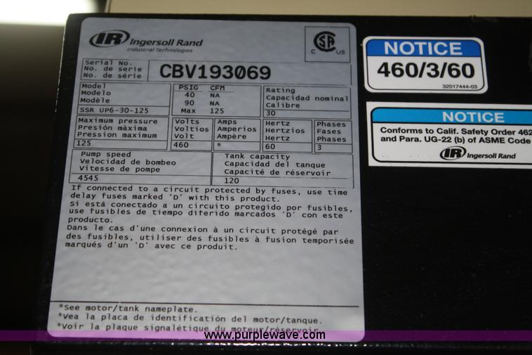 image for item V9529 2012 Ingersoll Rand 120 gallon air compressor