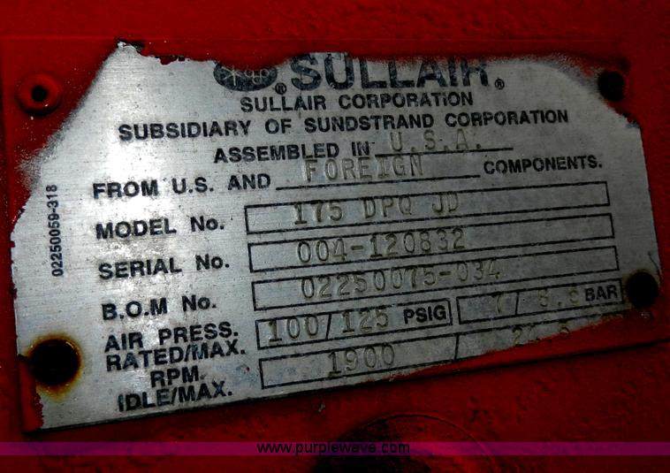 image for item A3922 1996 Sullair 175 DPQ air compressor