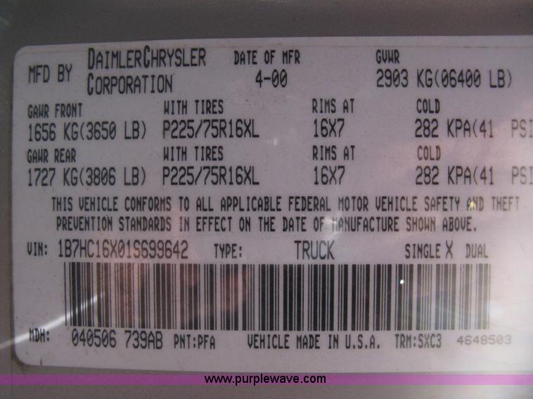 image for item E2882 2001 Dodge Ram 1500 pickup truck