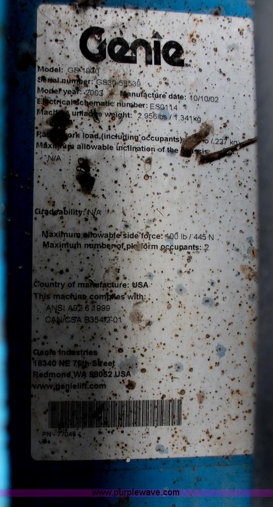 image for item E2838 2003 Genie GS-1930 scissor lift