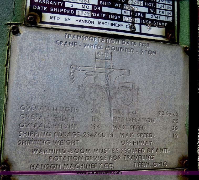 image for item B4704 1967 Hanson Machinery H-446 five ton wheel mounted crane