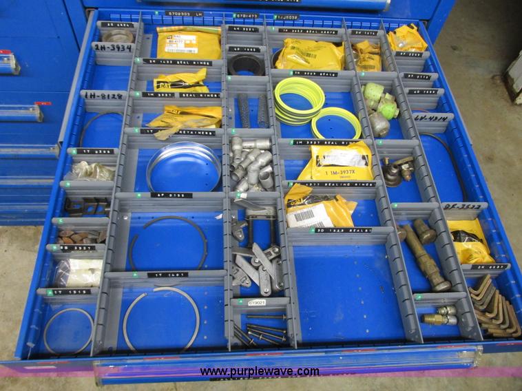 image for item V9962 Equipto parts bin and assorted Caterpillar parts