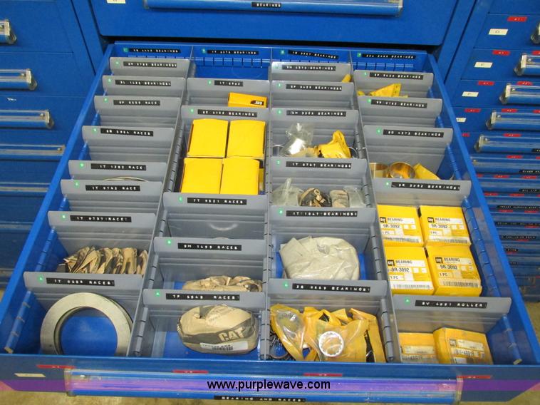 image for item V9963 Equipto parts bin and assorted Caterpillar parts