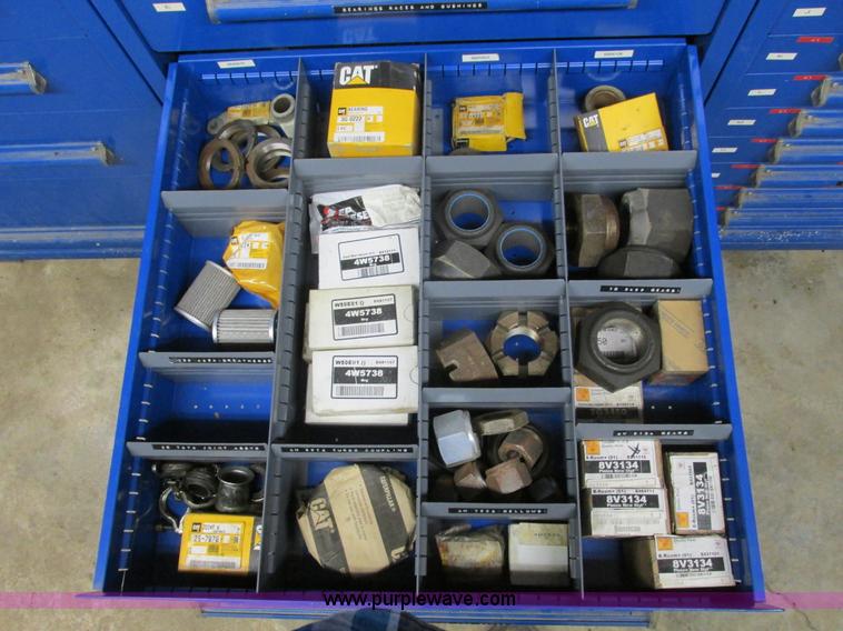 image for item V9963 Equipto parts bin and assorted Caterpillar parts