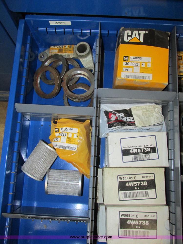 image for item V9963 Equipto parts bin and assorted Caterpillar parts