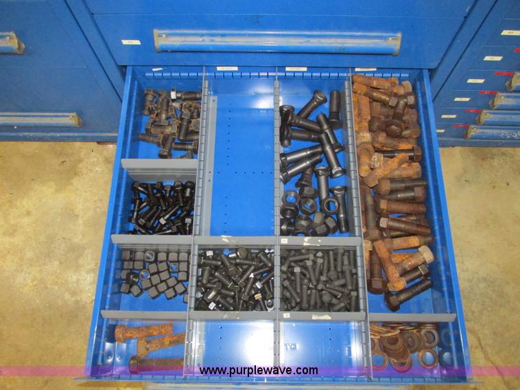 image for item V9963 Equipto parts bin and assorted Caterpillar parts