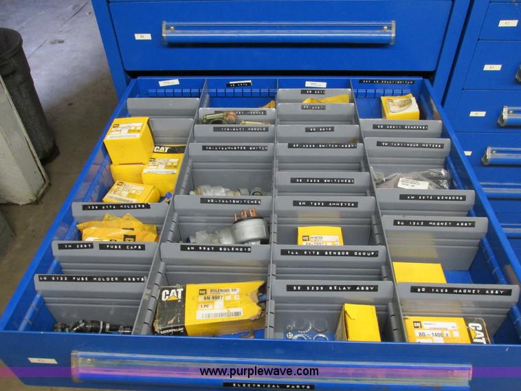 image for item V9965 Equipto parts bin and assorted Caterpillar parts