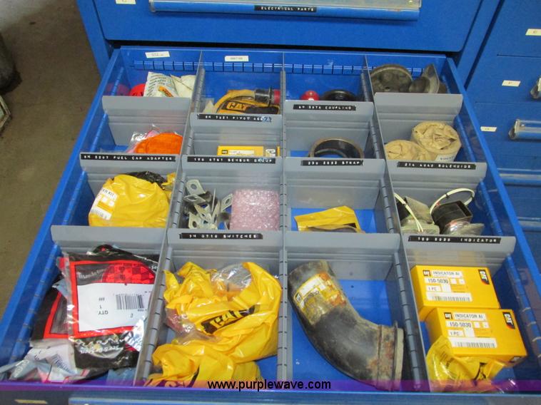 image for item V9965 Equipto parts bin and assorted Caterpillar parts
