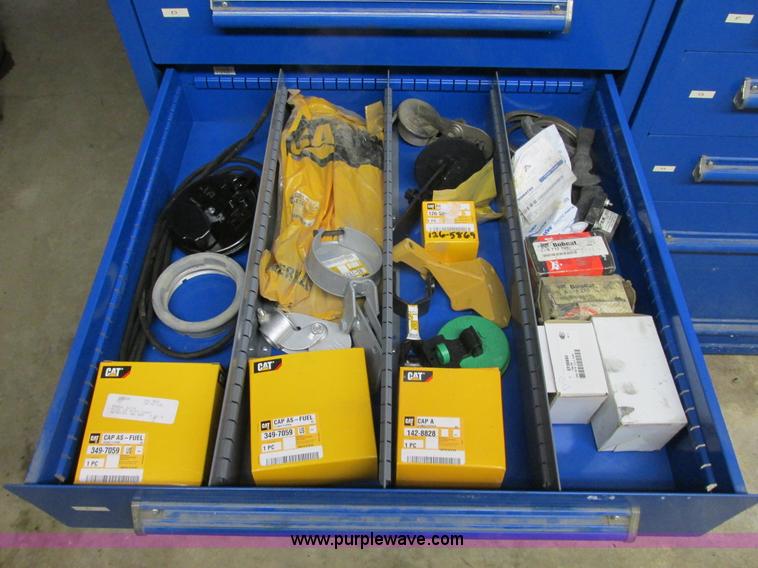 image for item V9965 Equipto parts bin and assorted Caterpillar parts